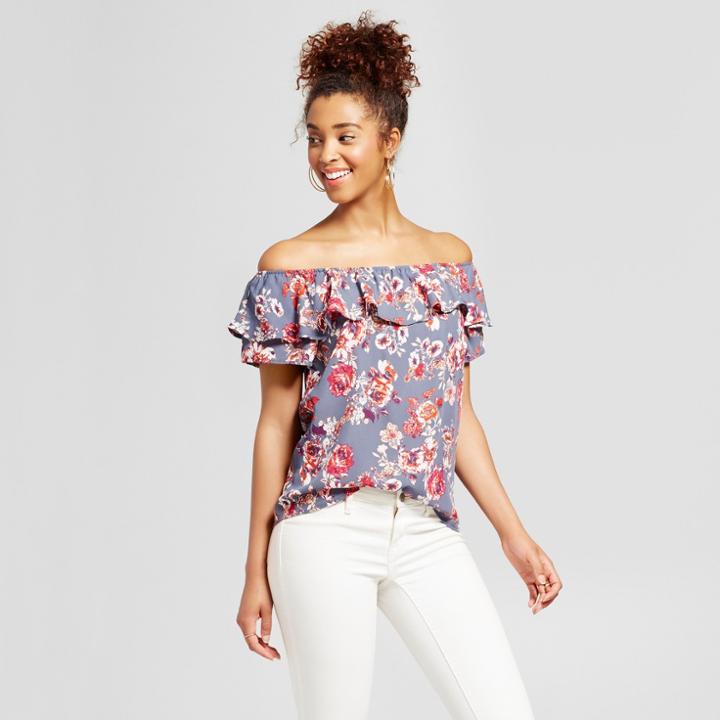 Women's Double Ruffle Off The Shoulder Short Sleeve Top - Xhilaration Gray