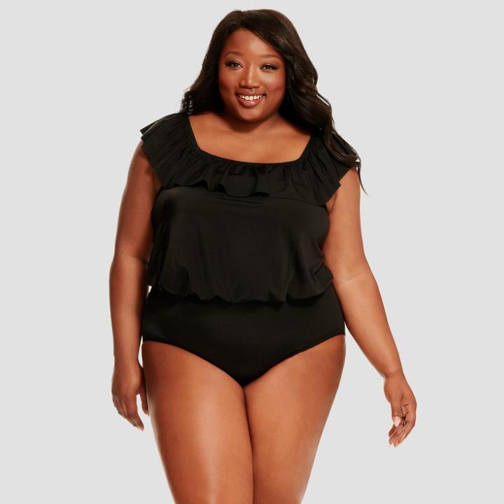 Dreamsuit By Miracle Brands Women's Plus Slimming Control Blouson Off The Shoulder One Piece Swimsuit - Black