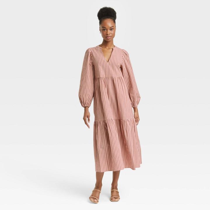 Women's Long Sleeve Tiered Dress - A New Day Orange