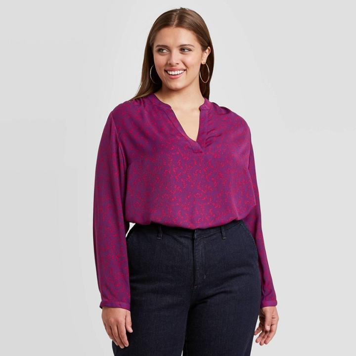 Women's Plus Size Printed Long Sleeve Blouse - Ava & Viv Purple X