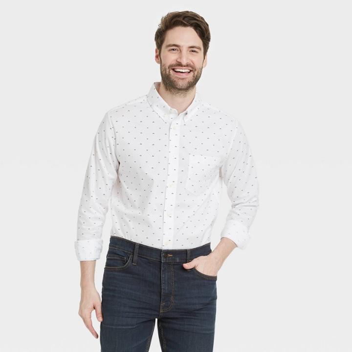 Men's Arrow Print Standard Fit Stretch Poplin Long Sleeve Button-down Shirt - Goodfellow & Co Eco White/arrow