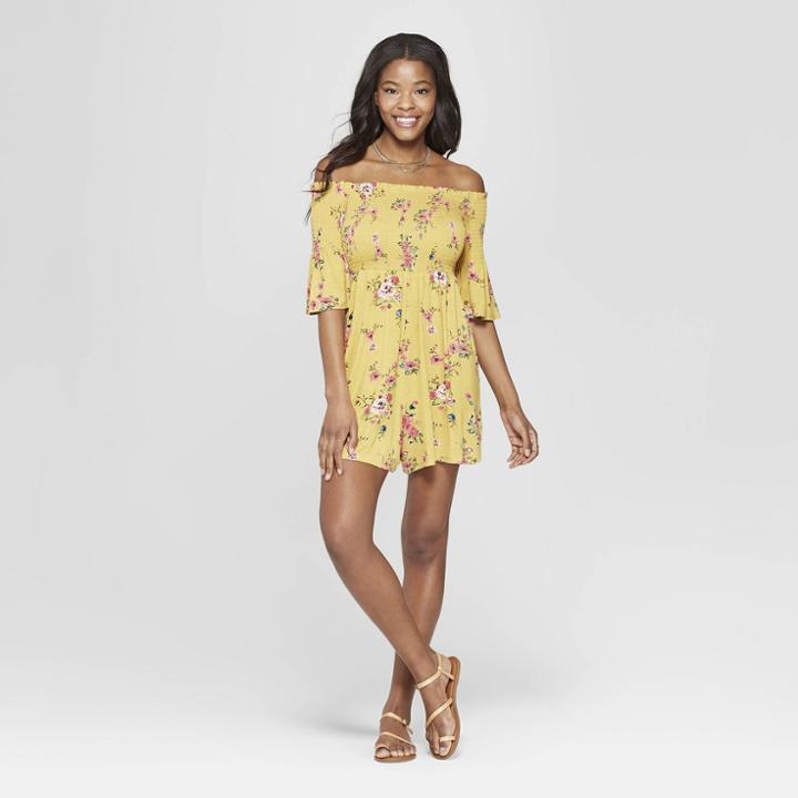 Women's Floral Print 3/4 Sleeve Off The Shoulder Smocked Knit Romper - Xhilaration Gold