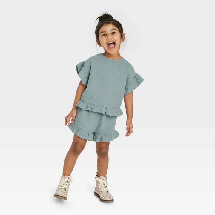 Grayson Collective Toddler Girls' Gauze Ruffle Short Sleeve Top & Short Set - Teal Blue