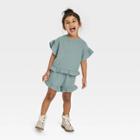 Grayson Collective Toddler Girls' Gauze Ruffle Short Sleeve Top & Short Set - Teal Blue