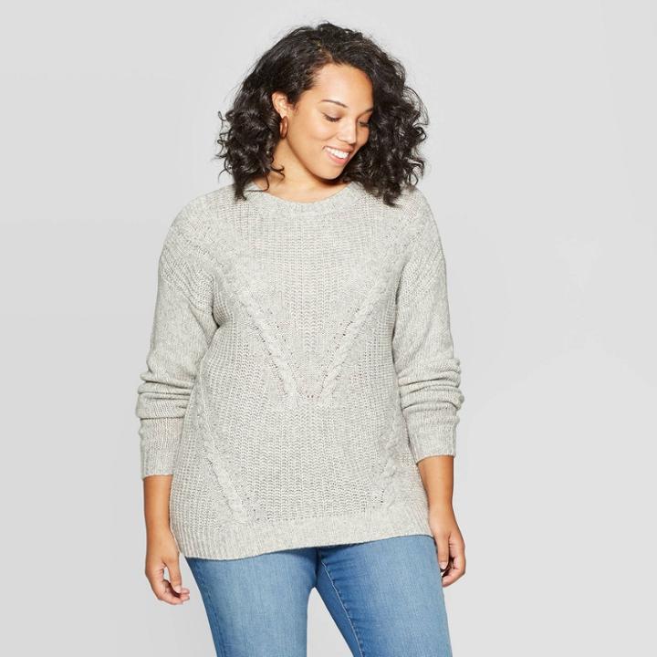 Women's Plus Size Long Sleeve Crewneck Cable Pullover Sweater - Ava & Viv Light Heather Gray 1x, Women's, Size: 1xl, Light Grey Gray