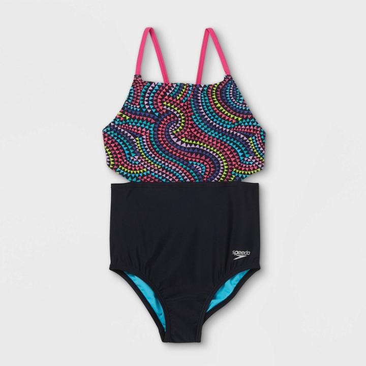 Speedo Girls' Geometric Print Thin Strap One Piece Swimsuit - Black