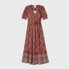 Women's Paisley Print Puff Short Sleeve Wrap Dress - Knox Rose Rust