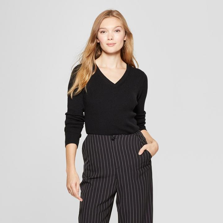 Women's Wrap Front Pullover Sweater - A New Day Black