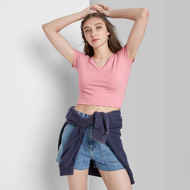 Women's Short Sleeve V-neck Cropped T-shirt - Wild Fable Pink