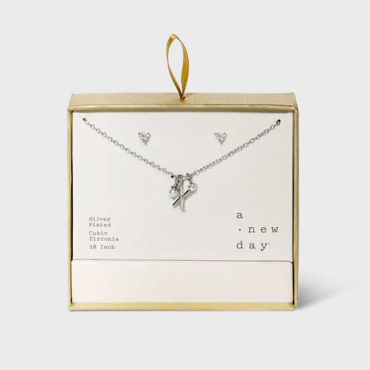 Silver Plated With Cubic Zirconia And Pearl Initial 'x' Charm Cluster Necklace And Earring Set - A New Day