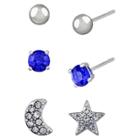 Distributed By Target Women's Studs Earrings Sterling Silver Three Pairs Ball Stud & Moon/star -silver/blue