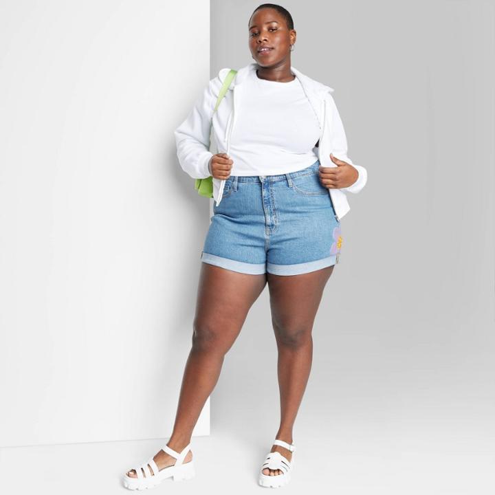 Women's Super-high Rise Rolled Cuff Jean Shorts - Wild Fable Medium Wash Floral 24, Medium Blue Floral