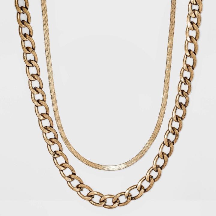 18 Curb Chain And Herringbone Necklace Set 2pc - Universal Thread Worn Gold