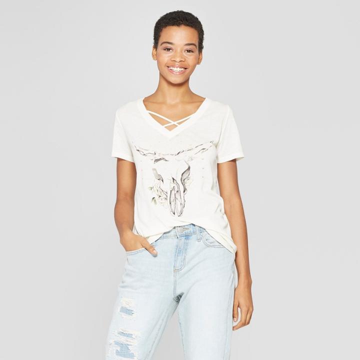 Women's Floral Print Short Sleeve Skull Graphic T-shirt - Zoe+liv (juniors') - White
