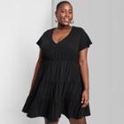 Women's Plus Size Short Sleeve Tiered Knit Babydoll Dress - Wild Fable Black