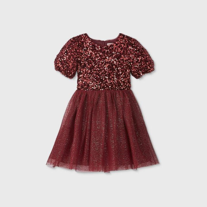 Girls' Sequin Tulle Puff Sleeve Dress - Cat & Jack Burgundy