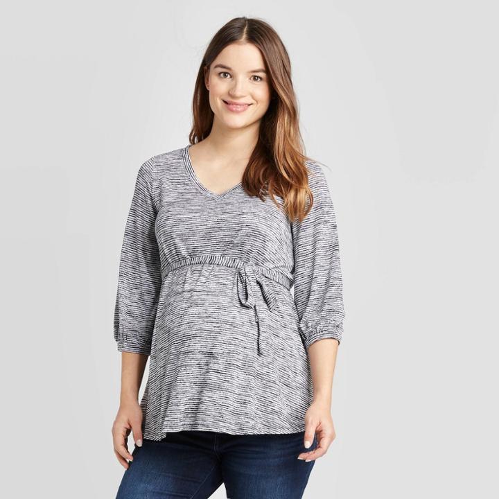 Maternity Striped 3/4 Sleeve V-neck Tie-front Top - Isabel Maternity By Ingrid & Isabel Navy/cream Xs, Women's, Blue