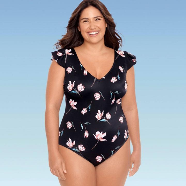Women's Plus Size Slimming Control Ruffle Sleeve One Piece Swimsuit - Beach Betty By Miracle Brands Black Floral