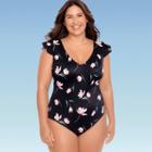 Women's Plus Size Slimming Control Ruffle Sleeve One Piece Swimsuit - Beach Betty By Miracle Brands Black Floral