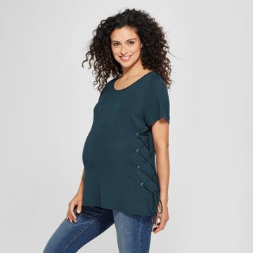 Maternity Short Sleeve Lace-up Top - Macherie - Dark Green