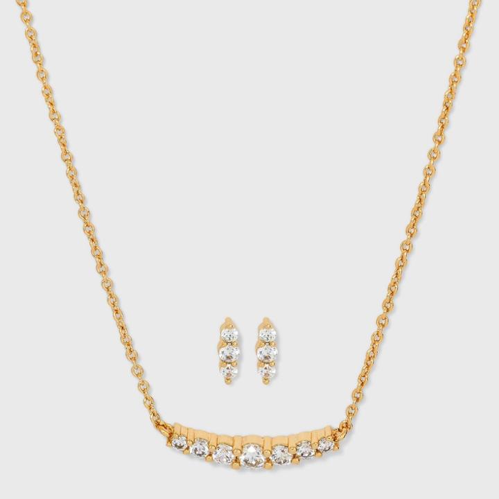 14k Gold Plated Cubic Zirconia Curved Bar Stud Earrings With Statement Necklace - A New Day Gold