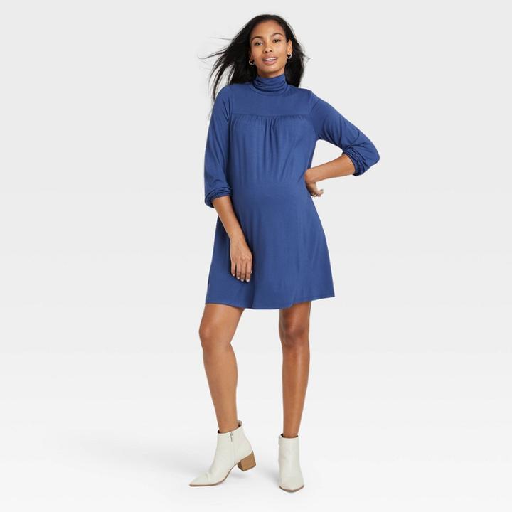 The Nines By Hatch Long Sleeve Turtleneck Jersey Swing Maternity Dress Blue