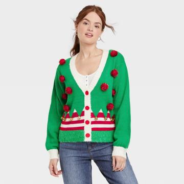 33 Degrees Women's Elf Pom-pom Graphic Cardigan - Green