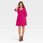 Women's Balloon Elbow Sleeve Tie Waist Wrap Dress - A New Day Dark Pink