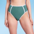 Women's Terry Textured Solid High Waist High Leg Bikini Bottom - Kona Sol Teal Blue