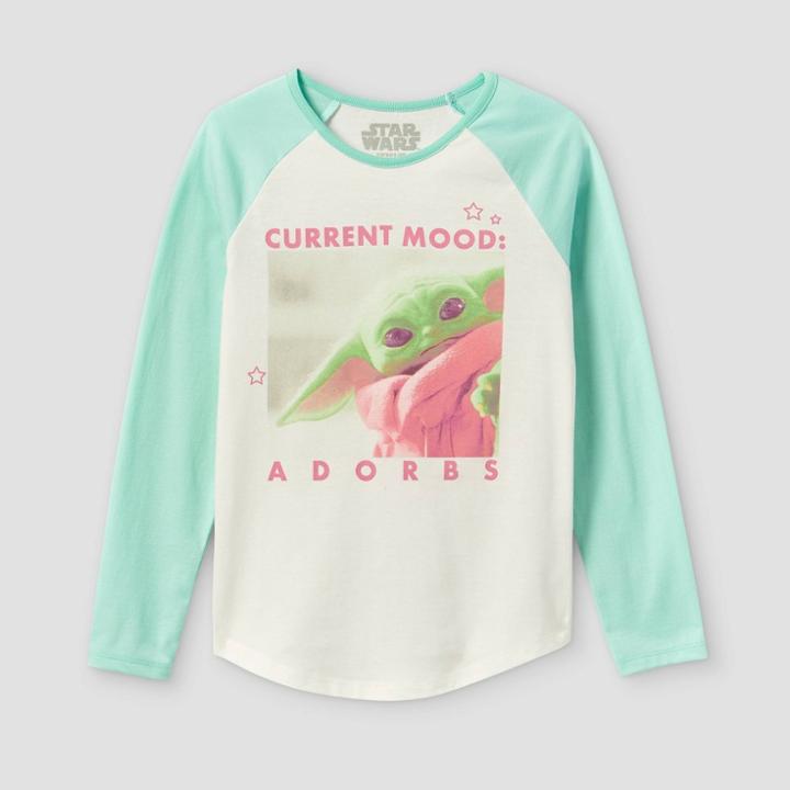 Girls' Star Wars Baby Yoda Current Mood: Adorbs Raglan Long Sleeve Graphic T-shirt - Green/off-white