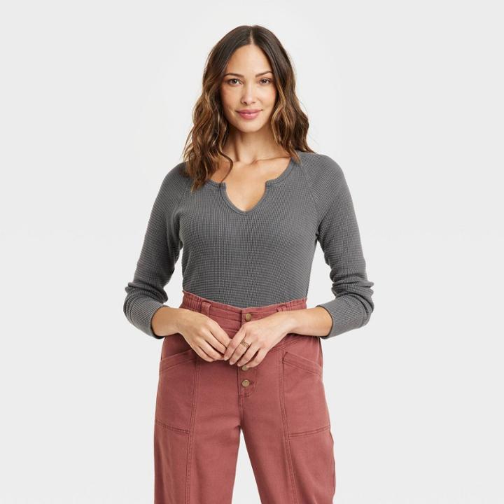 Women's Long Sleeve Notch Neck Thermal Top - Knox Rose Dark Gray