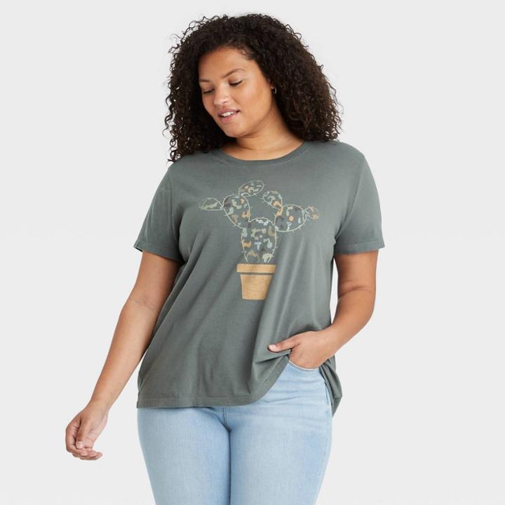 Doe. Women's Plus Size Cactus Short Sleeve Graphic T-shirt - Gray