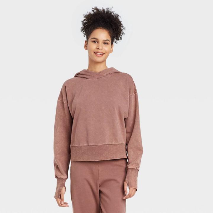 Women's French Terry Acid Wash Hoodie Sweatshirt - Joylab Coca Mocha