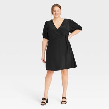Women's Plus Size Puff Short Sleeve Wrap Dress - A New Day Black