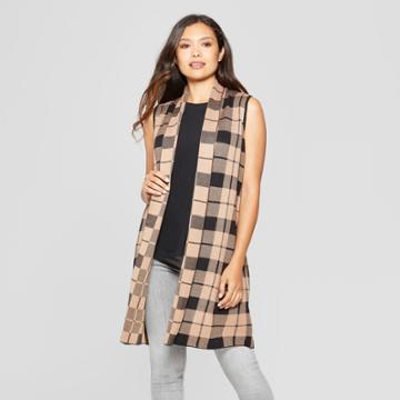 Women's Plaid Shawl Collar Sweater Vest - Jillian Nicole - Camel