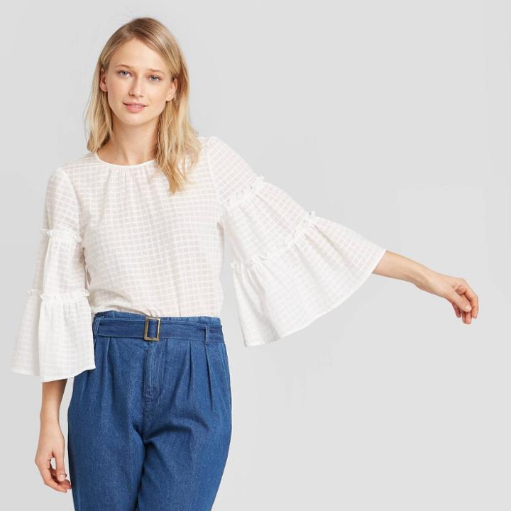 Women's Exaggerated Long Sleeve Crewneck Blouse - Who What Wear White