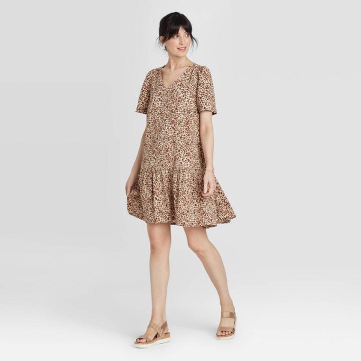 Women's Leopard Print Short Sleeve Ruffle Hem Dress - A New Day Brown