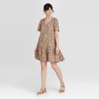 Women's Leopard Print Short Sleeve Ruffle Hem Dress - A New Day Brown