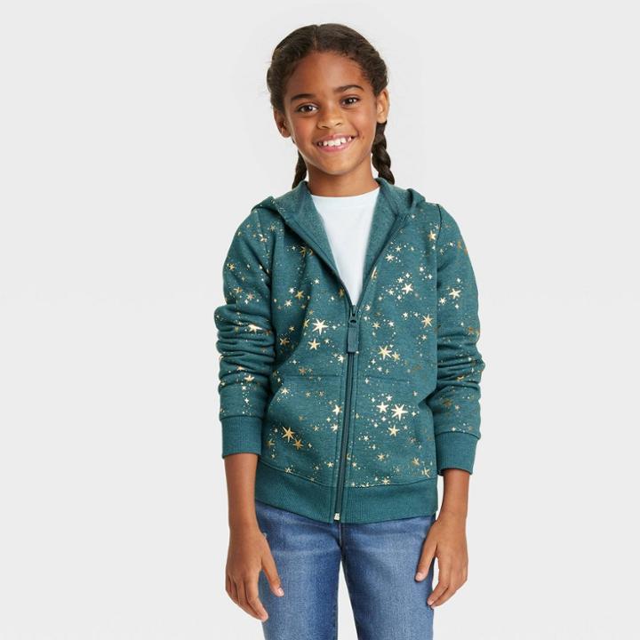 Girls' Printed Zip-up Fleece Hoodie - Cat & Jack Dark Green
