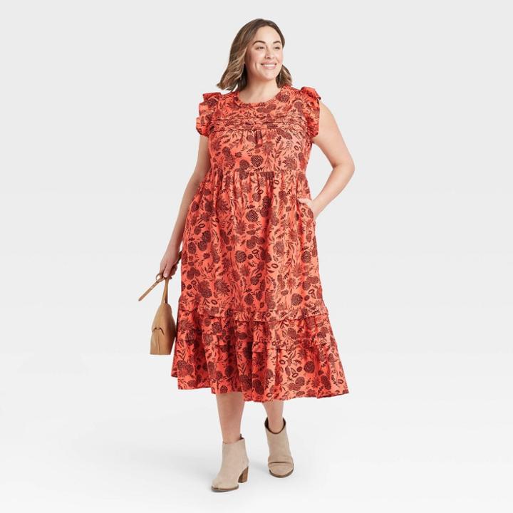 Women's Plus Size Floral Print Ruffle Sleeveless Dress - Universal Thread Coral