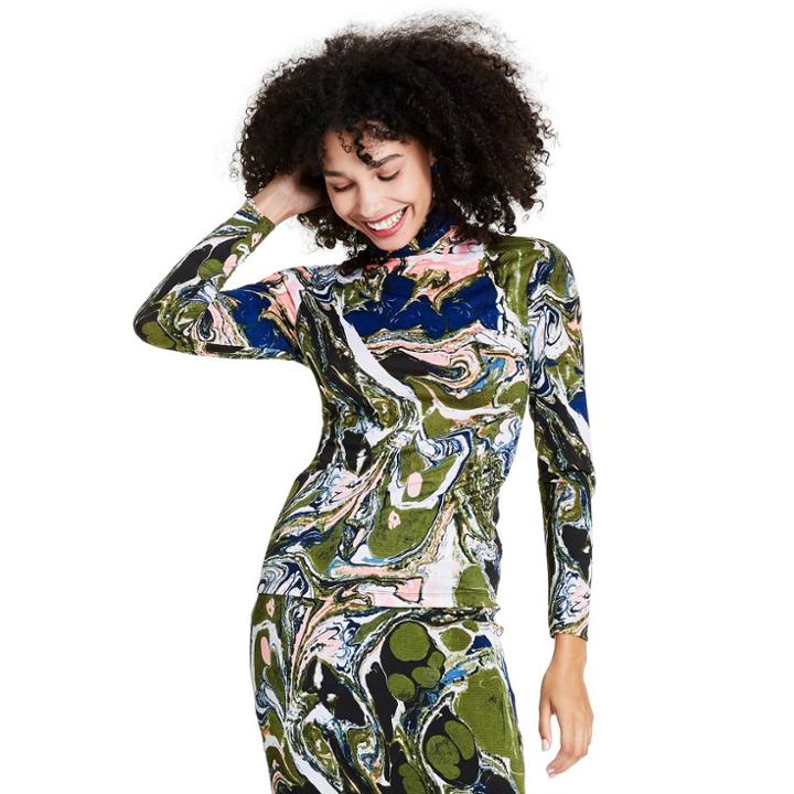 Women's Marble Print Long Sleeve Textured Turtleneck Shirt - Rachel Comey X Target Black Xxs