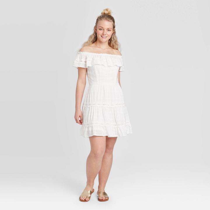 Women's Short Sleeve Lace Detail Tiered Dress - Xhilaration Ivory Xs, Women's, Beige