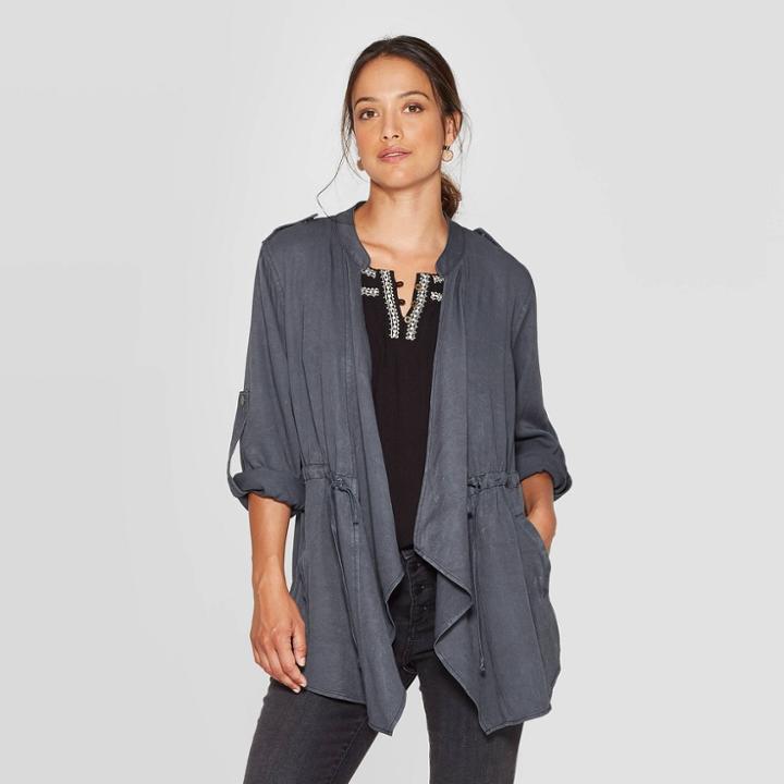 Women's Cinch Waist Drapey Jacket With Rolltab Sleeve & Pockets - Knox Rose Charcoal