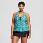 Women's Plus Size Strappy Front Halter Tankini - Ava & Viv Blue Tile