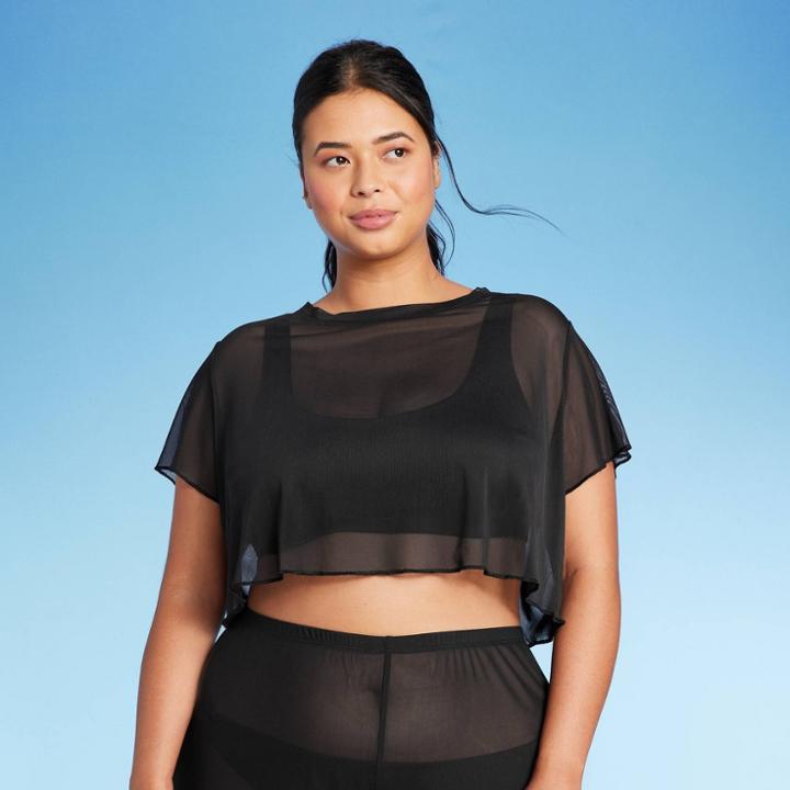 Women's Mesh Cover Up Short Sleeve Crop Top - Wild Fable Black