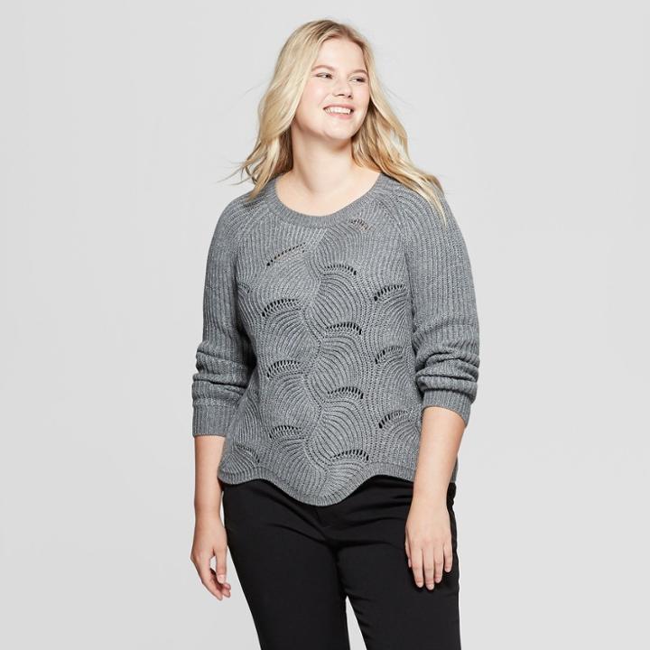Women's Plus Size Scalloped Hem Metallic Pullover Sweater - A New Day Gray