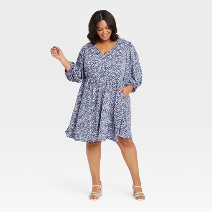 Women's Plus Size Floral Print Long Sleeve Knit Babydoll Dress - Ava & Viv Navy X, Blue