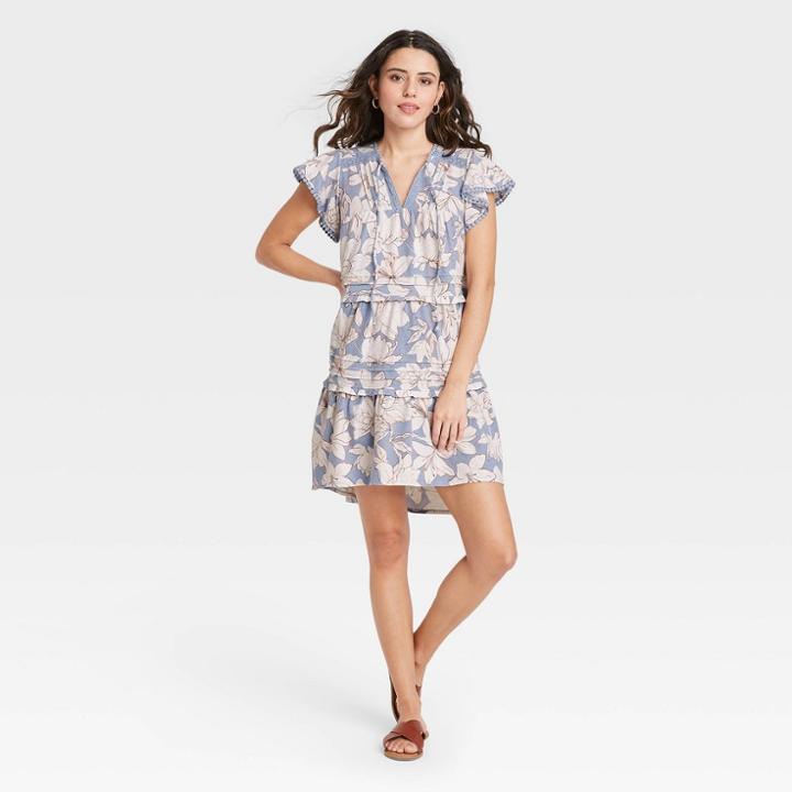 Women's Floral Print Flutter Short Sleeve Knit Tiered Dress - Knox Rose
