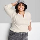 Women's Plus Size Long Sleeve Ribbed Henley T-shirt - Wild Fable Almond