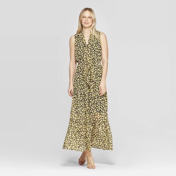 Women's Floral Print Sleeveless Collared A Line Dress - Who What Wear Yellow